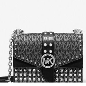 MICHAEL MICHAEL KORS
Greenwich Small Studded Metallic Logo Grey Crossbody Bag